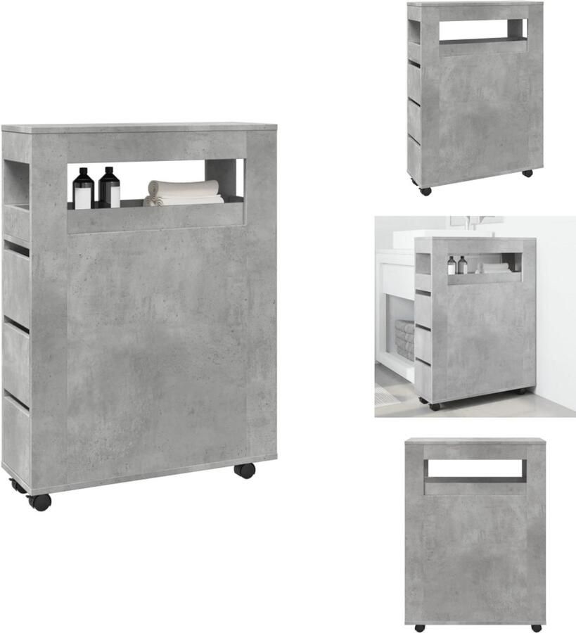 VidaXL Smalle Badkamerkast Smalle Badkamerkasten Badkamer Kast Badkamerkastje Badkamerkast smal met wielen bewerkt hout betongrijs