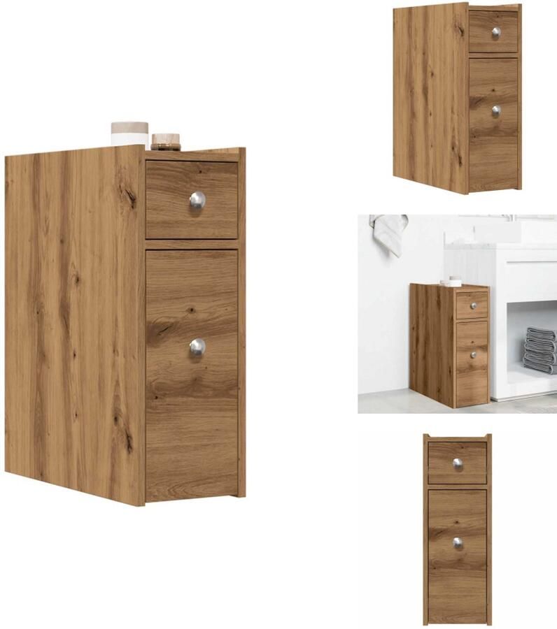 VidaXL Smalle Badkamerkast Smalle Badkamerkasten Badkamer Kast Badkamerkastje Badkamerkast smal met wielen bewerkt hout artisanaal eikenkleur