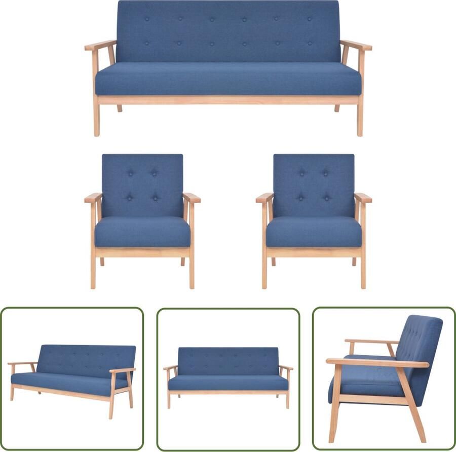 The Living Store Bankstel Modern Polyester Blauw 2 Fauteuils en 1 Bank Houten Frame Afmetingen Fauteuil- 64.5 x 67 x 73.5 cm Afmetingen Bank- 158 x 67 x 73.5 cm Bankstel Sofa Loungebank Woonkamermeubel Blauwwoonkamerinrichting - Foto 2