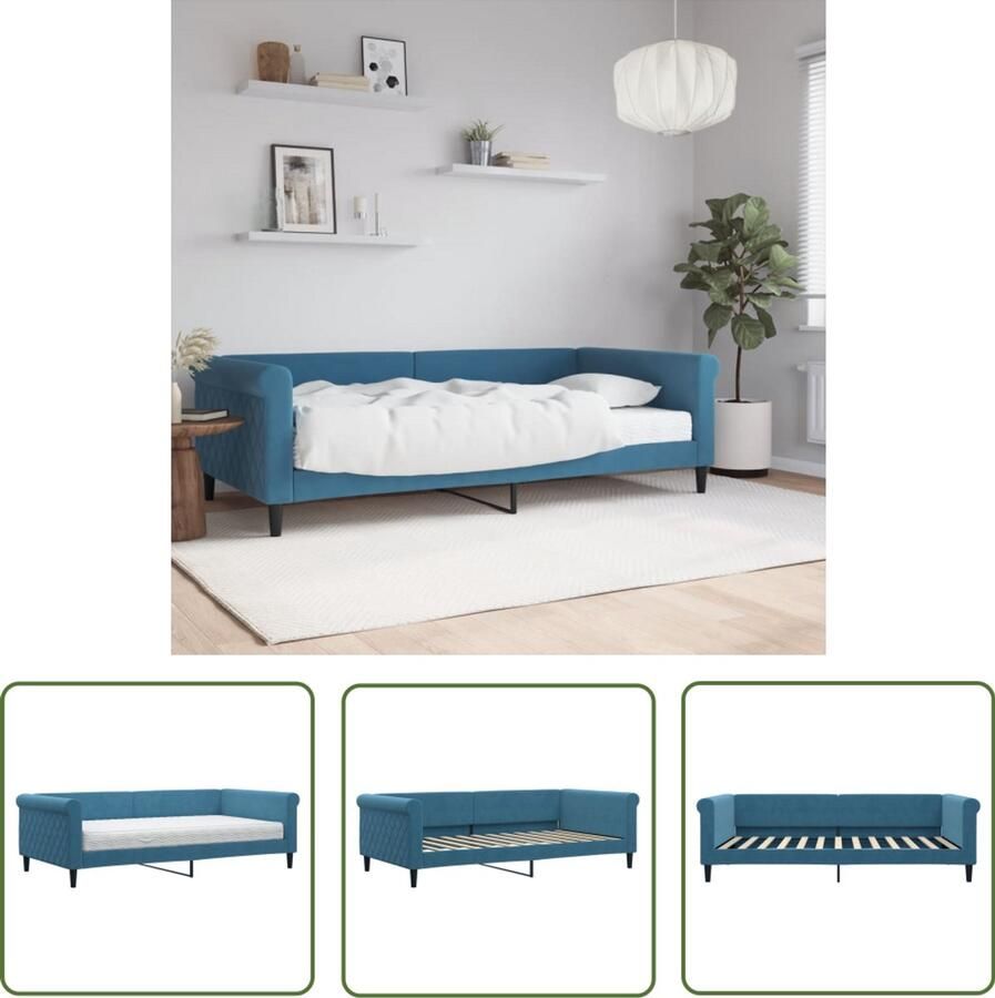 The Living Store Slaapbank met matras 100x200 cm fluweel blauw Slaapbank Sofa Bed Tweepersoonsbed Blauwe Meubels Designmeubilair