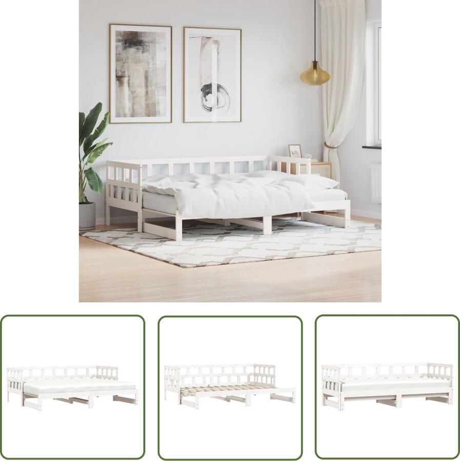 The Living Store Slaapbank 2-in-1 met onderschuifbed Massief grenenhout Wit 193.5 x 96 cm Extra opbergruimte Slaapbank Sofa Bed 2-in-1 Bank Houten Bed Grenenhouten Meubels