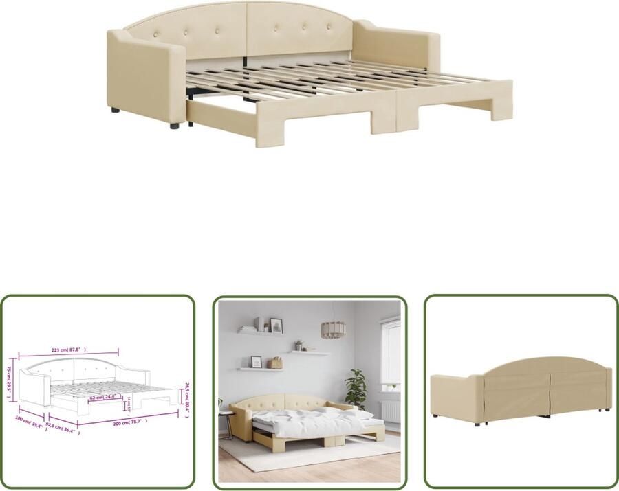 The Living Store Slaapbank Visby Slaapbank Crème 223 x 100 x 75 cm Hout en metaal Slaapbank Sofa Bed Tweepersoons Bed Onderschuifbed Zitbank