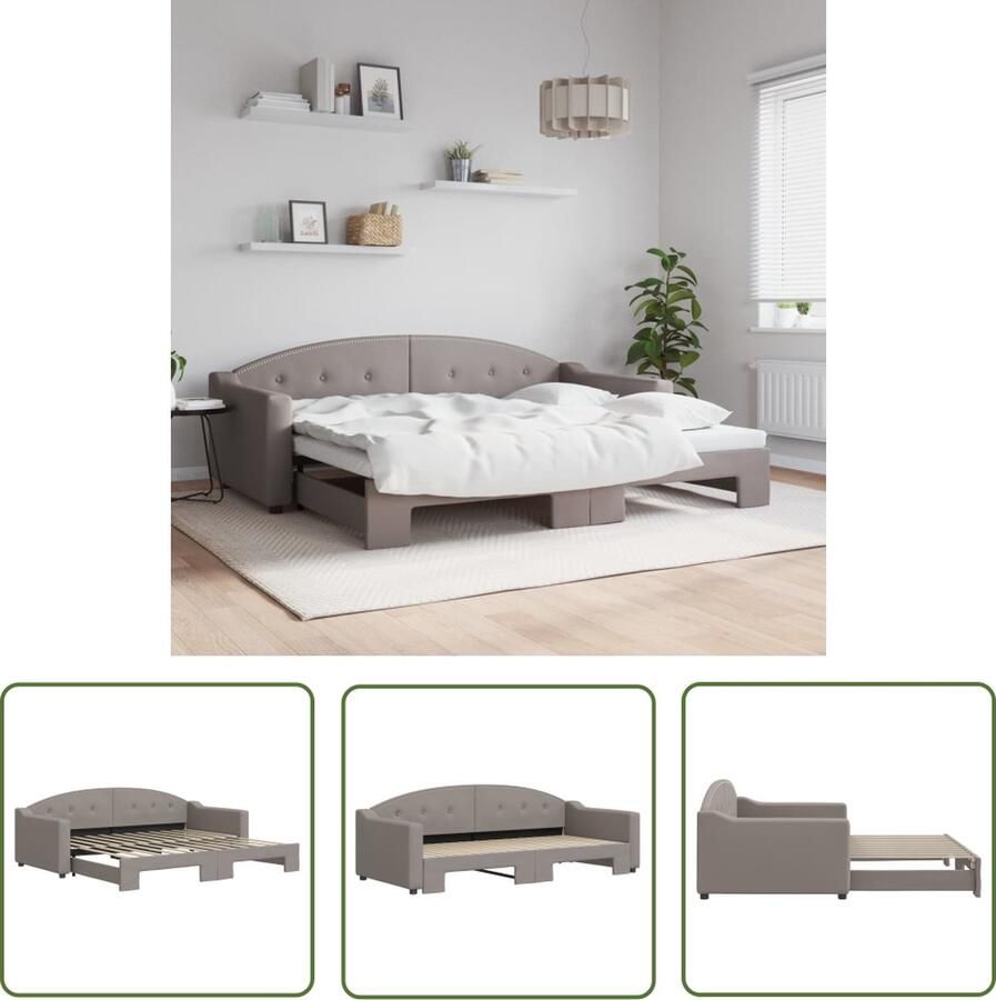 The Living Store Slaapbank met onderschuifbed 90x200 cm stof taupe Slaapbank Sofa Bed 2 Persoons Bed Taupesofa Stofsofa