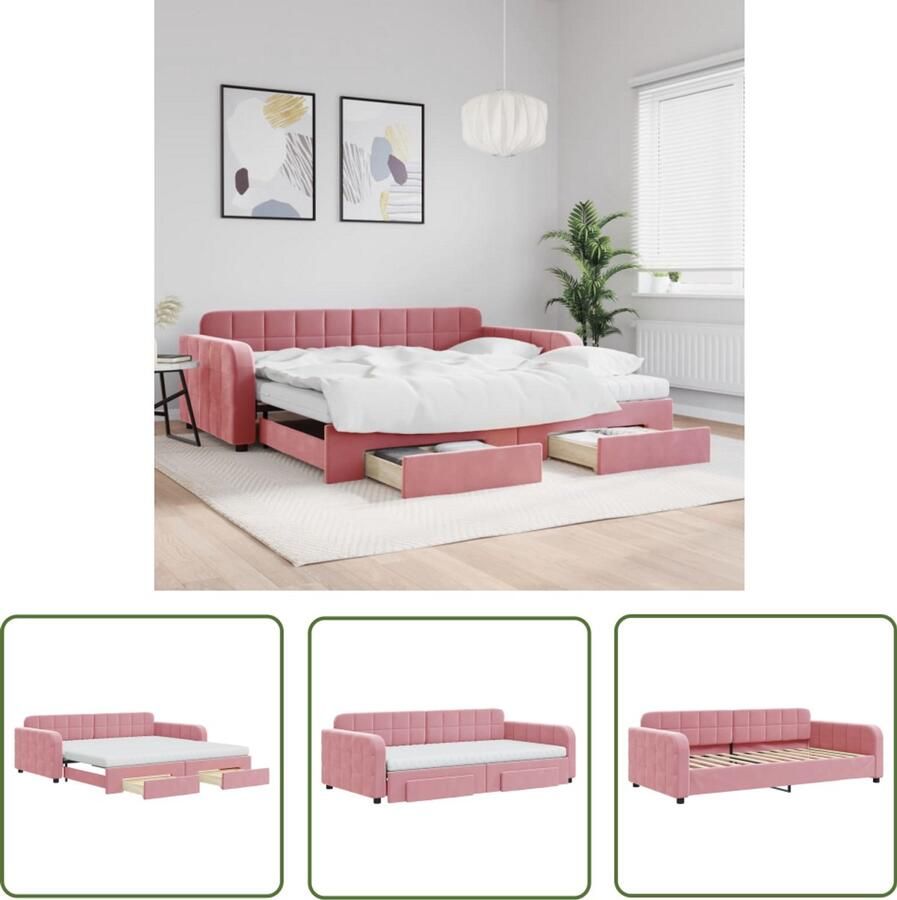 The Living Store Slaapbank met onderschuifbed en lades 100x200 cm fluweel roze Slaapbank Sofa Bed Rozenkleurige Meubels Onderbed Lade Multifunctioneel Meubilair