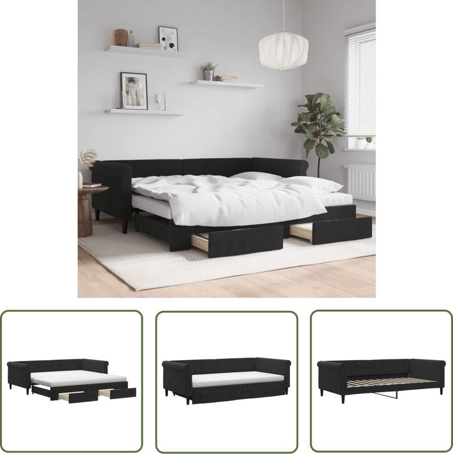 The Living Store Slaapbank Onderschuifbed Zwart Fluweel 229x110x68 cm 2-in-1 Met 2 lades Comfortabel schuimmatras Slaapbank Sofa Bed Tweepersoonsbed Onderschuifbed Boxspring
