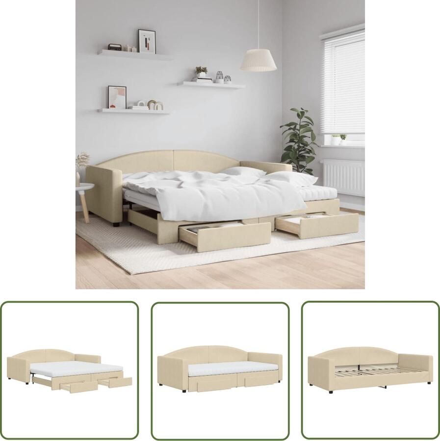 The Living Store Slaapbank Onderschuifbed 223 x 110 x 75 cm Crème Stof Hout en Metaal Slaapbank Sofa Bed Tweepersoons Bed Crème Kleur Stoffen Bank