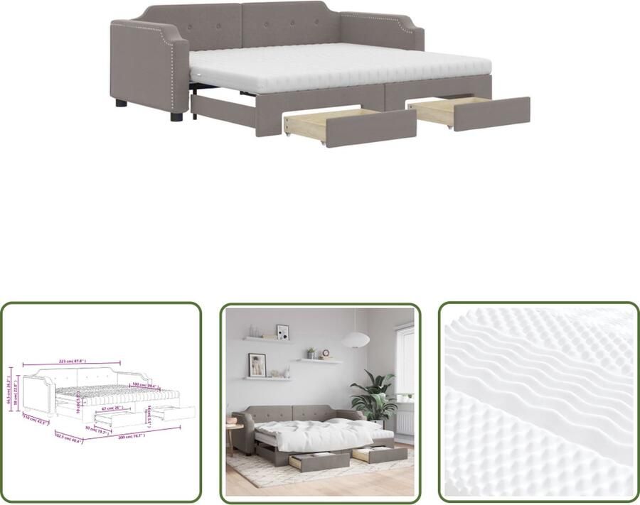 The Living Store Slaapbank met onderschuifbed en lades 100x200 cm stof taupe Slaapbank Sofa Bed Tweepersoonsbed Onderbed Stapelbed - Foto 2