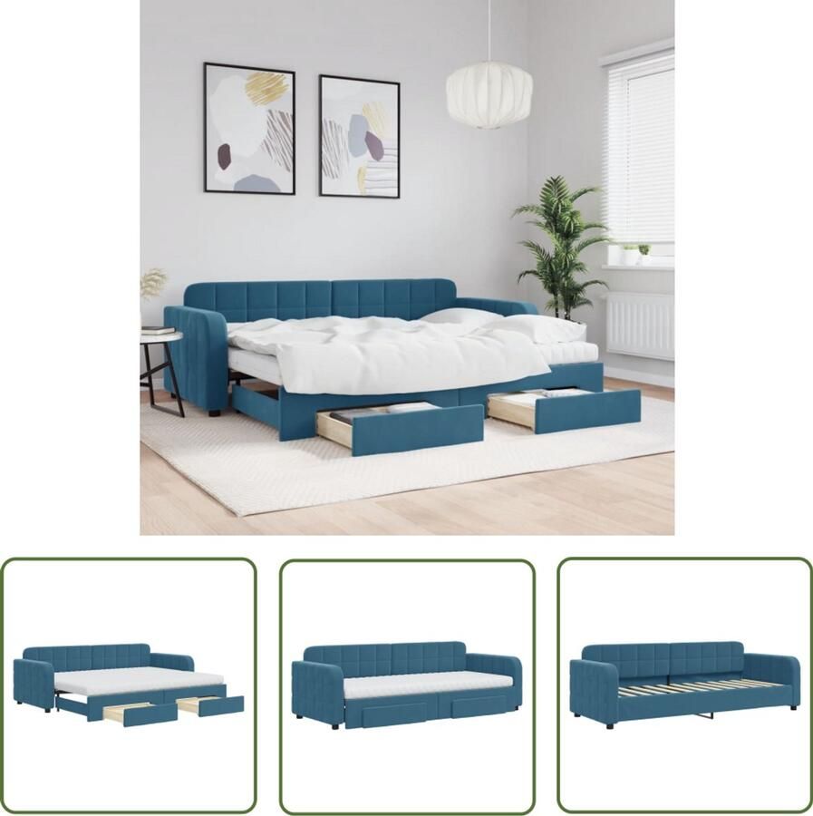 The Living Store Slaapbank met onderschuifbed en lades 80x200 cm fluweel blauw Slaapbank Sofa Bed Tweepersoons Bed Boxspring Lounge Meubels