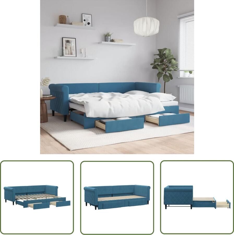 The Living Store Slaapbank met onderschuifbed Fluweel Blauw 229 x 90 x 68 cm 2x bedlade Geschikte matras- 80 x 200 cm Slaapbank Sofa Bed Tweepersoonsbed Fluweelsofa Blauwsofa