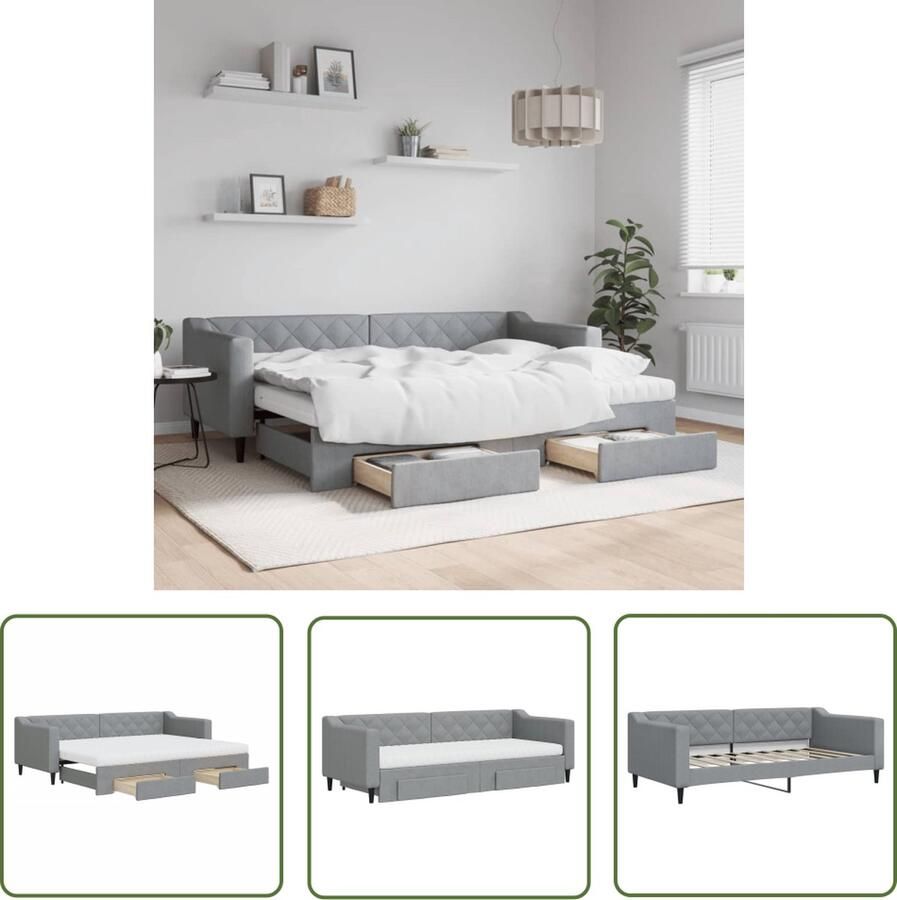 The Living Store Slaapbank met Onderschuifbed Lichtgrijs 223x90x67 cm Veelzijdige 2-in-1 bank 2 lades Comfortabel schuimmatras Duurzame stof Massief hout en metaal Slaapbank Sofa Bed 2-in-1 Bank Boxspring Onderbed