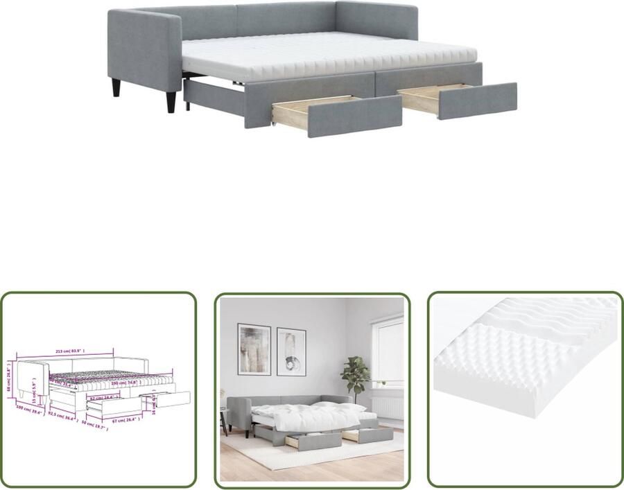 The Living Store Slaapbank Onderschuifbed Lichtgrijs 213 x 100 x 68 cm Schuimmatras 2 Lades Slaapbank Sofa Bed Tweepersoonsbed Onderbed Opbergladekast