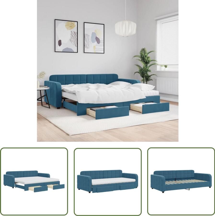 The Living Store Slaapbank met onderschuifbed en lades 90x200 cm fluweel blauw Slaapbank Sofa Bed Boxspring Opvouwbare Bed Multifunctioneel Meubilair