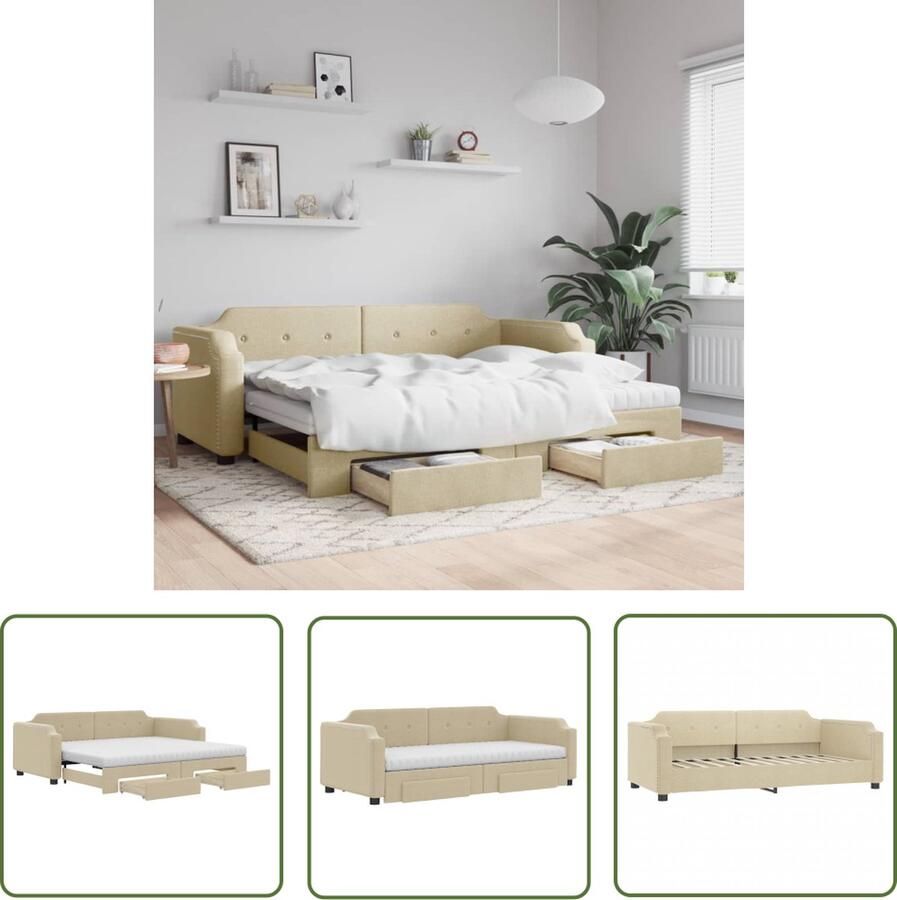 The Living Store Slaapbank met onderschuifbed 223x100x66.5cm Crème 2-in-1 2 lades Comfortabel schuimmatras Duurzaam materiaal Slaapbank Sofa Bed Tweepersoonsbed Onderschuifbed Boxspring