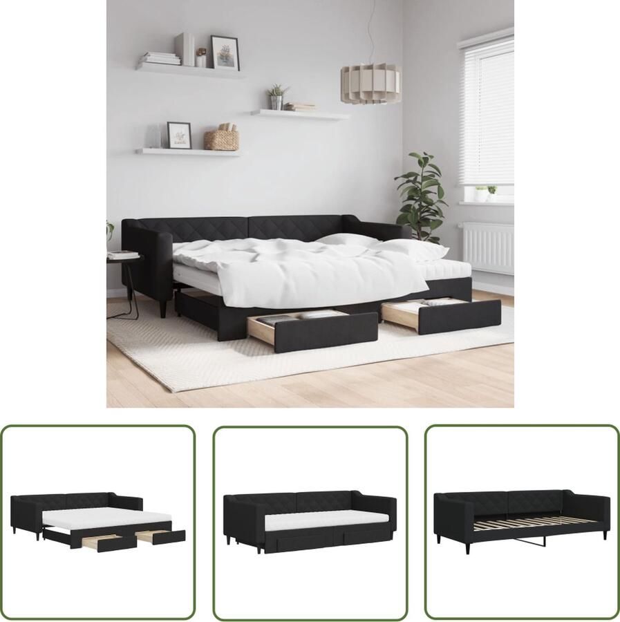 The Living Store Slaapbank Onderschuifbed Zwart 223x100x67cm Met lades en schuimmatras Slaapbank Sofa Bed Boxspring Onderbed Onderschuifbed