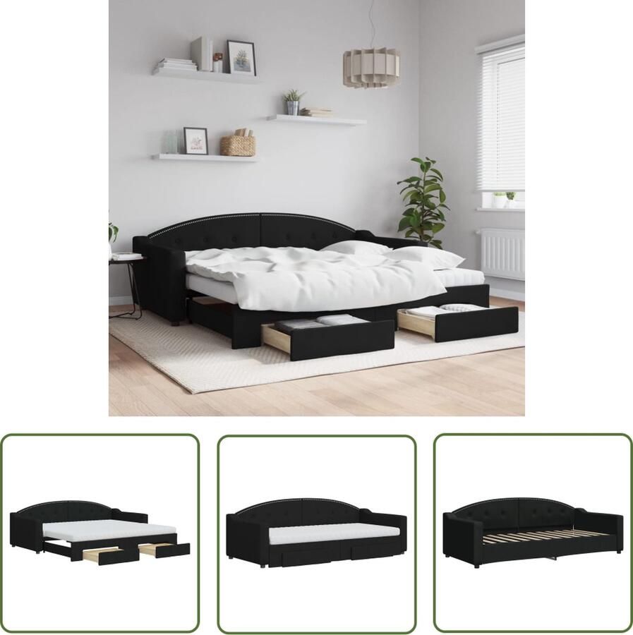The Living Store Slaapbank met onderschuifbed Bank en Bed Opbergruimte Schuimmatras Duurzame stof Zwart 223 x 100 x 75 cm 90 x 200 x 10 cm
