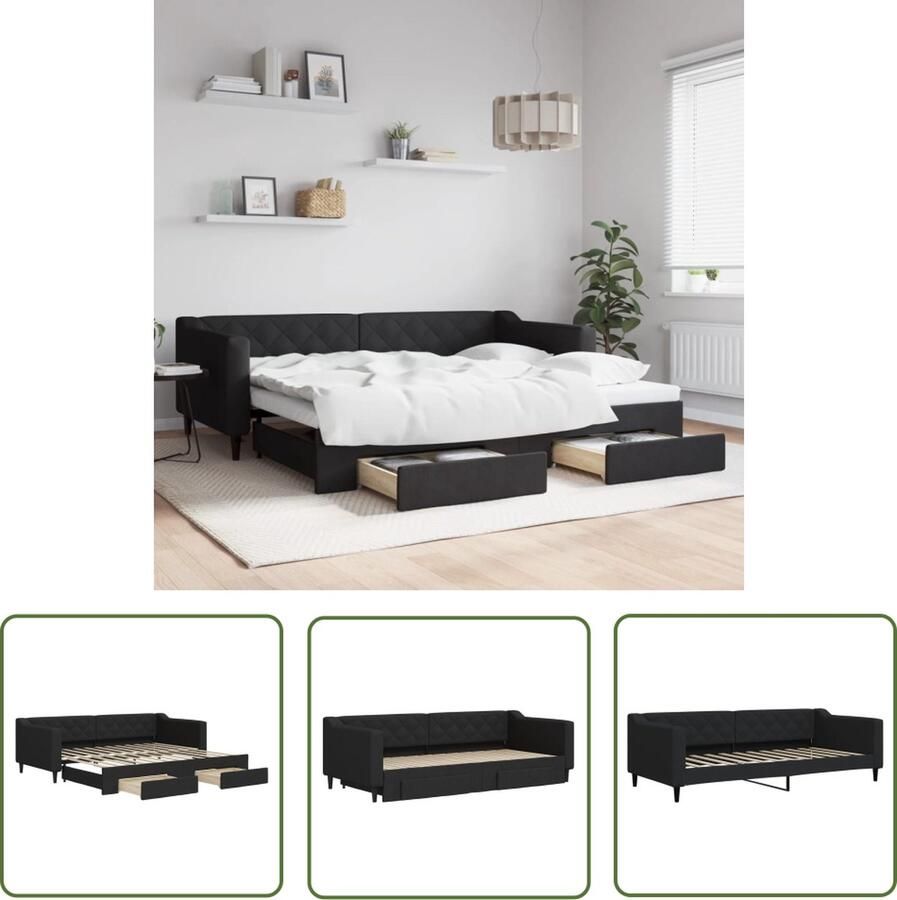 The Living Store Slaapbank met onderschuifbed 223 x 100 x 67 cm Zwarte stoffen bekleding Inclusief 2 bedlades Geschikt voor 90 x 200 cm matrassen Montage vereist Slaapbank Sofa Bed Tweepersoonsbed Boxspring Opbergruimte