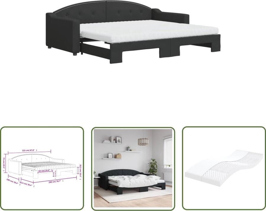 The Living Store Slaapbank met onderschuifbed 223x100x75 cm Comfortabel schuimmatras Duurzame stof Zwart 2 x schuimmatras