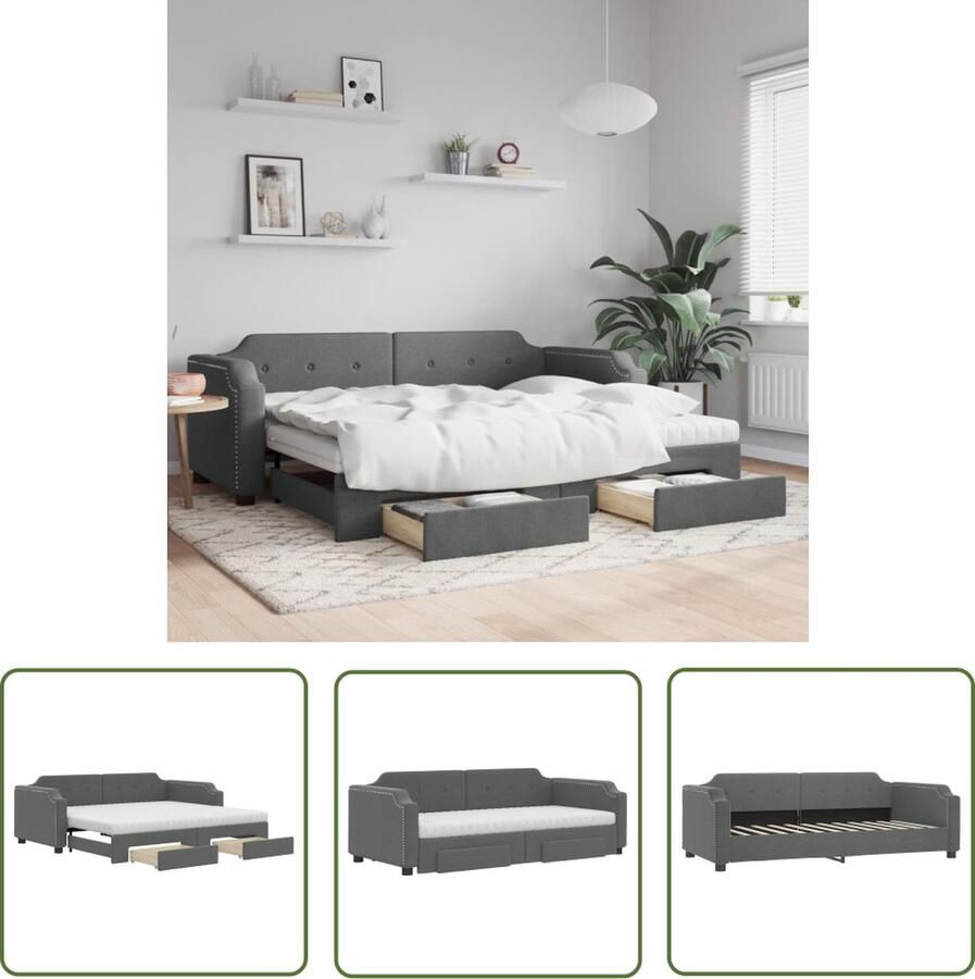 The Living Store Slaapbank met onderschuifbed 223 x 100 x 66.5 cm donkergrijs schuimmatras 2 lades Slaapbank Sofa Bed Tweepersoonsbed Donkere Grijze Meubels Opbergruimte