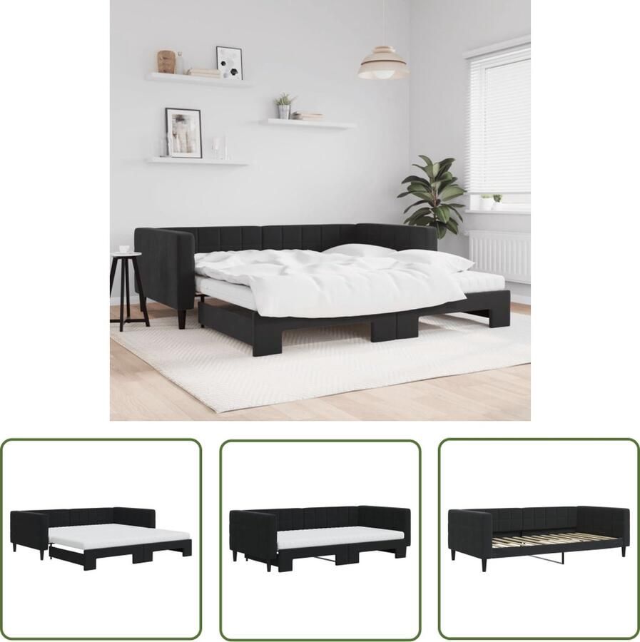 The Living Store Slaapbank Onderschuifbed 223x110x68 cm Comfortabel schuimmatras Zwart Fluweel Modern ontwerp Inclusief 2 schuimmatrassen Slaapbank Sofa Bed Onderschuifbed Tweepersoonsbed Zwarte Slaapbank