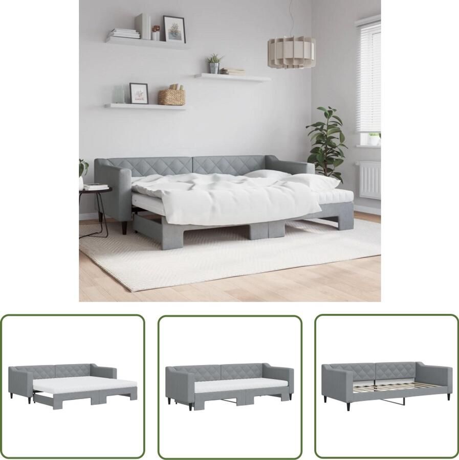 The Living Store Slaapbank onderschuifbed en matrassen 80x200 cm stof lichtgrijs Slaapbank Sofa Bed Onder Schuifbed Boxspring Meubels