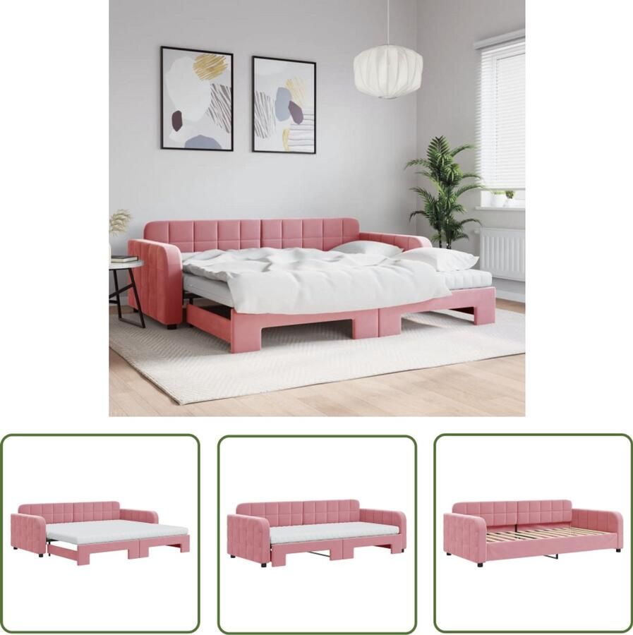 VidaXL Sofa Bed Slaapbank onderschuifbed en matrassen 90x200 cm fluweel roze Tweepersoonsbed Roze Bank Fluweelblad