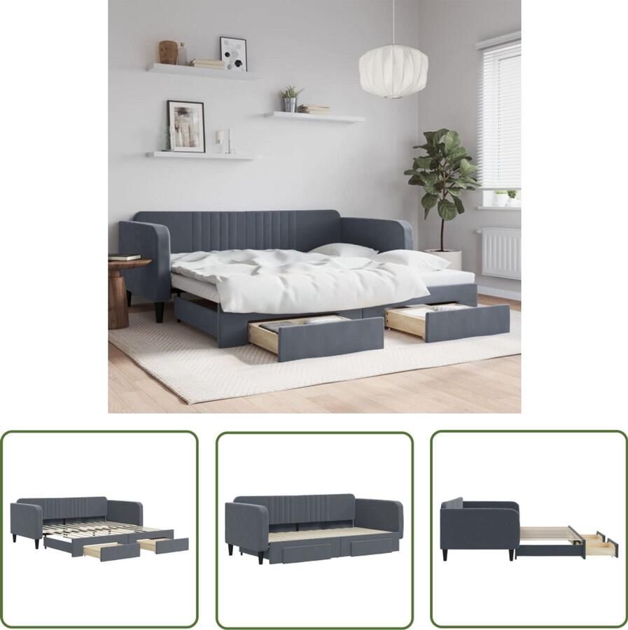 VidaXL Slaapbank onderschuifbed lades 100x200 cm fluweel donkergrijs Slaapbank Sofa Bed Tweepersoonsbed Donkere Kleuren Lounge Furniture