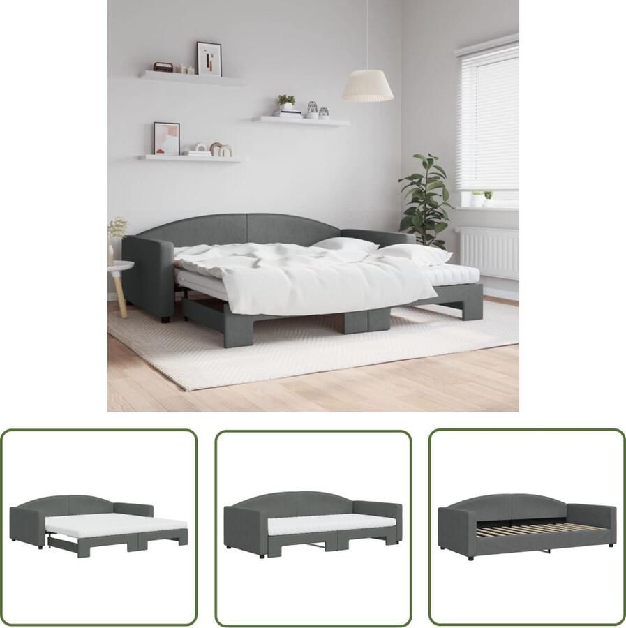 VidaXL Slaapbank onderschuifbed en lades 100x200 cm stof donkergrijs Slaapbank Tweepersoonsbed Donkere Meubels Opbergruimte Multifunctioneel Meubel