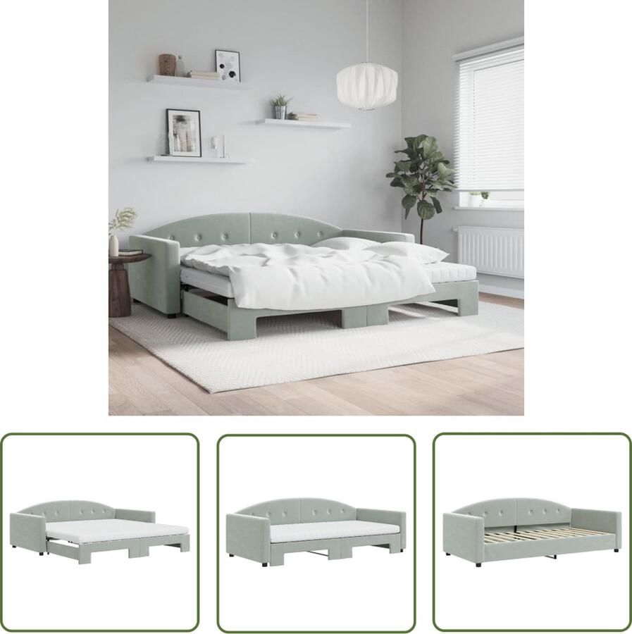 The Living Store Slaapbank onderschuifbed matrassen 100x200cm fluweel lichtgrijs Slaapbank Sofa Bed Tweepersoonsbed Fluweelsofa Grijs Meubilair