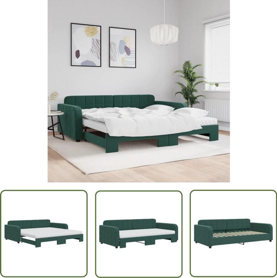 The Living Store Slaapbank onderschuifbed matrassen 100x200cm fluweeldonkergroen Slaapbank Sofa Bed Donkere Kleuren Velours Meubels Tweepersoons Bed