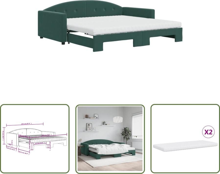 The Living Store Slaapbank onderschuifbed matrassen 100x200cm fluweeldonkergroen Slaapbank Sofa Bed Donkergroen Meubilair Lounge Furniture Zitbanken