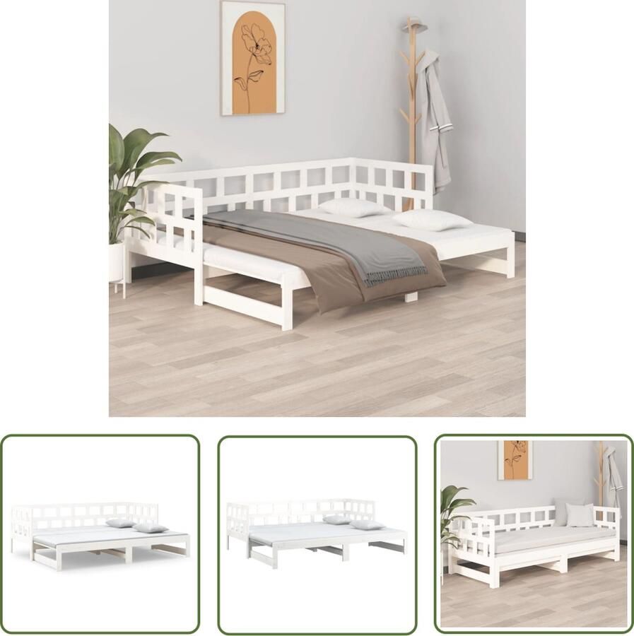 The Living Store Slaapbank uitschuifbaar massief grenenhout wit 2x(90x200) cm Slaapbank Slaapbanken Bedbank Bed Bank Slaap Bank Houten Bedbank Houten Slaapbank Logeerbed Ligbed Bed Bedbanken Bed Banken - Foto 2