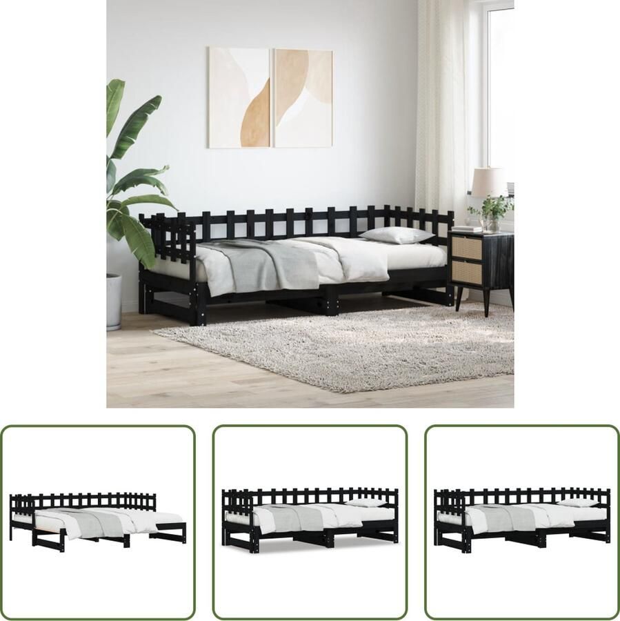 The Living Store Slaapbank uitschuifbaar massief grenenhout zwart 2x(90x190) cm Slaapbank Sofa Bed Grenenhout Meubels Design Slaapkamer Compact Bed