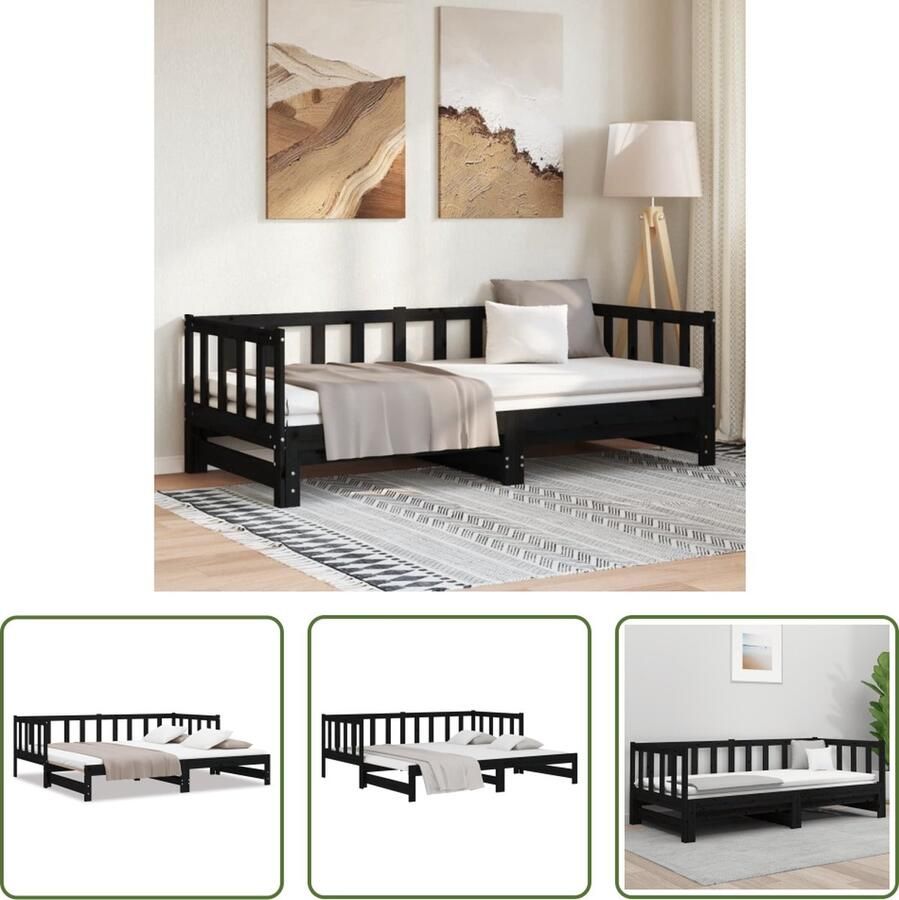 The Living Store Slaapbank uitschuifbaar massief grenenhout zwart 2x(90x190) cm Slaapbank Sofa Bed Grenenhout Meubels Stapelbed Guest Bed