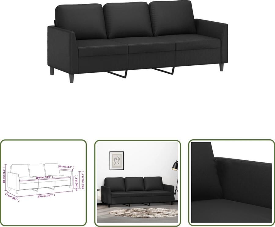 The Living Store Bank 3-zits Kunstleer 200x77x80 cm Zwart Drie Zits Bank Sofa Banks Kopen Salon Meubilair Zwarte Bank