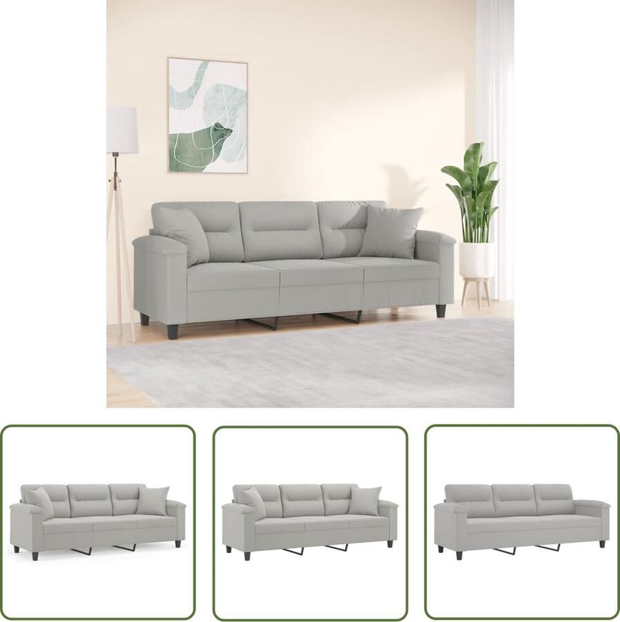 The Living Store Driezitsbank met kussens 180 cm microvezelstof lichtgrijs Kanap Sofa Bankstel Lounge Meubilair Grijs Sofa