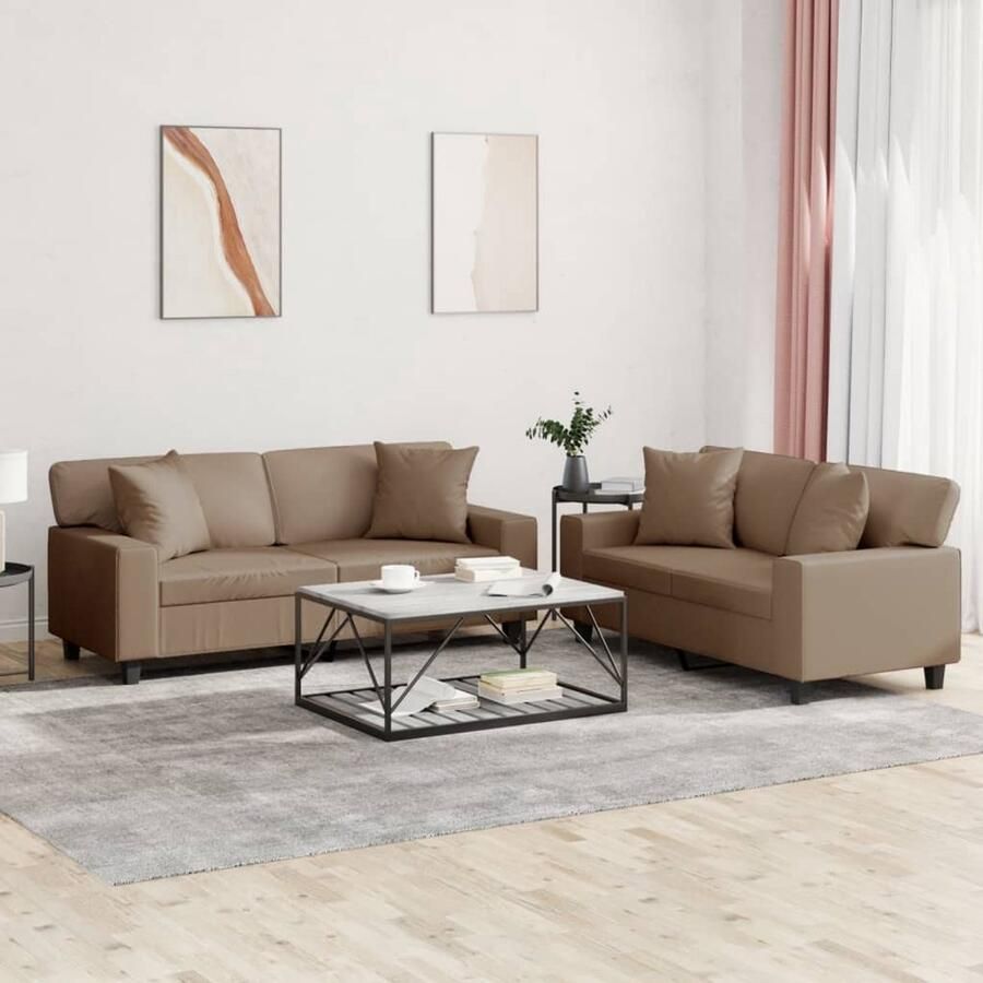 The Living Store 2-delige Loungeset met kussens kunstleer cappuccinokleurig Loungebank Sofa Bruine Bank Lederlook Bank 2 Persoons Bank