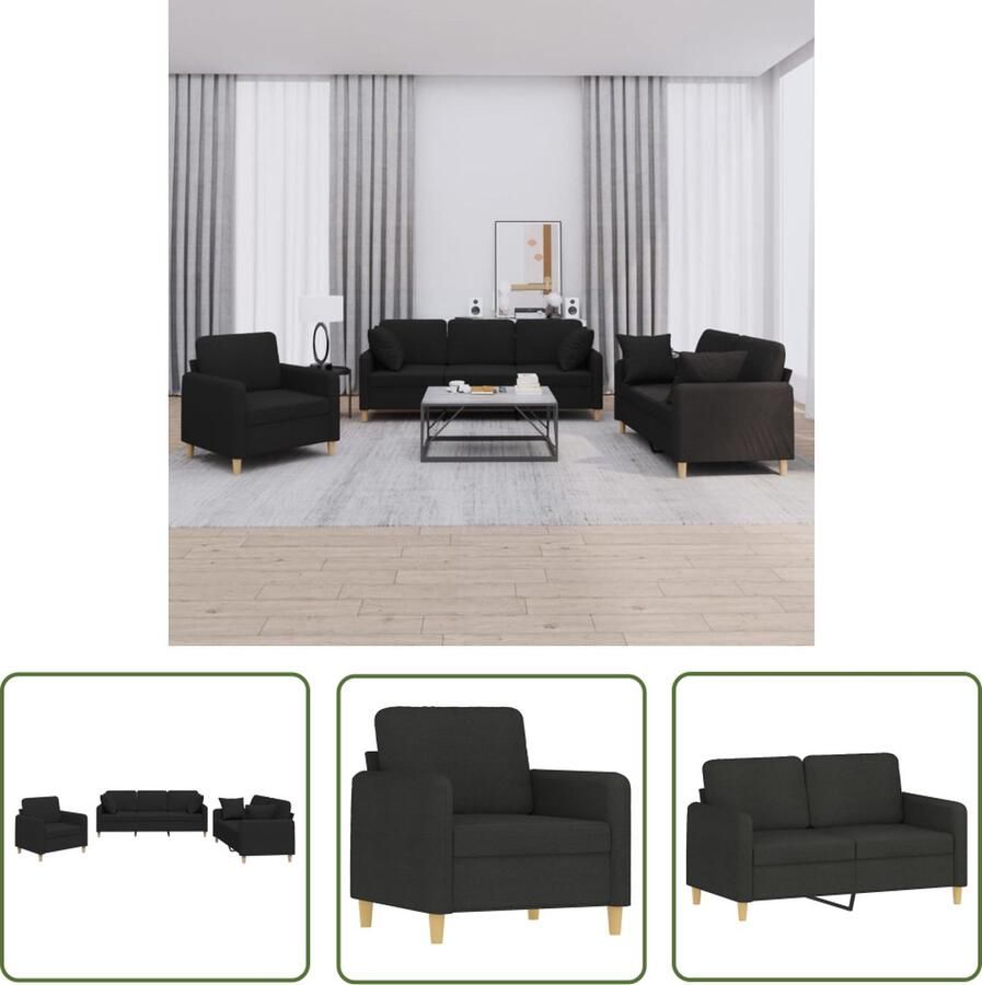 The Living Store 3-delige Loungeset met kussens stof zwart Loungebank Sofa Bankstellen Fauteuils Tuinmeubel