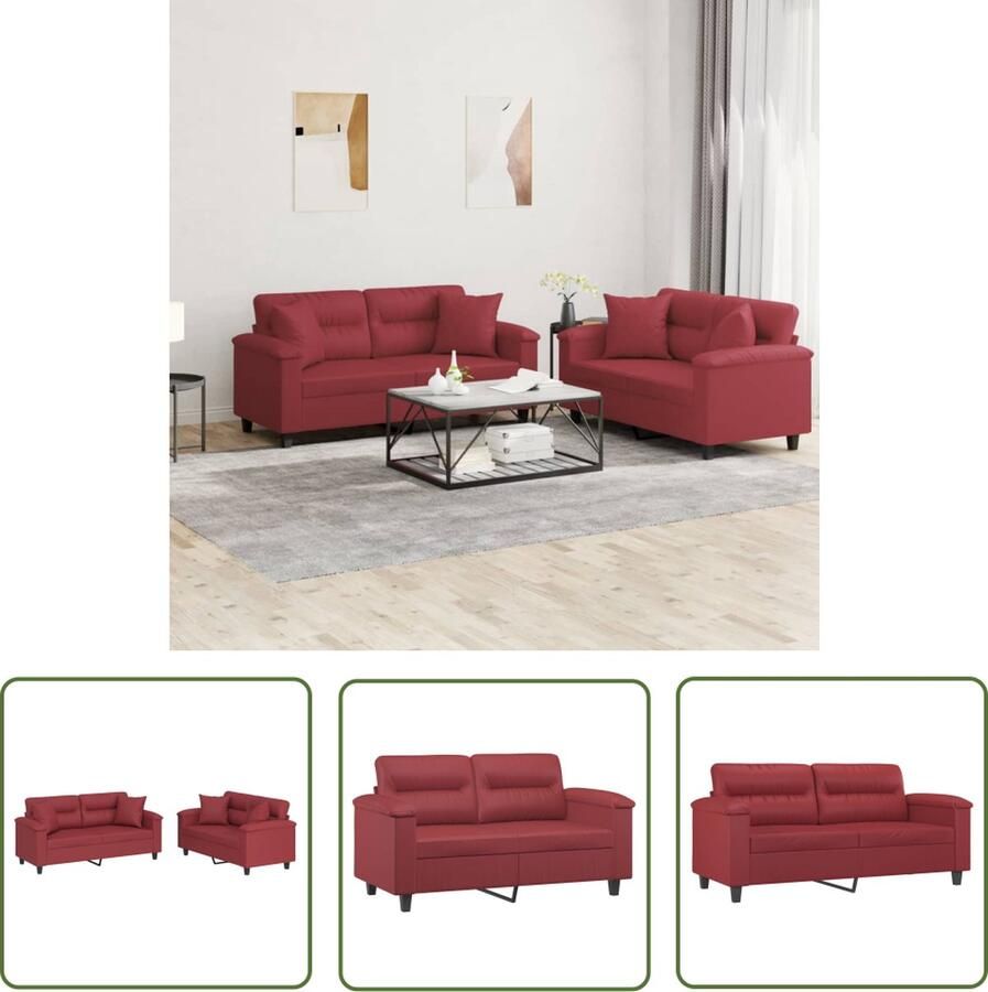 The Living Store 2-delige Loungeset met kussens kunstleer wijnrood Loungemeubilair Sofa Bankstellen Lederlook Rood Sofa