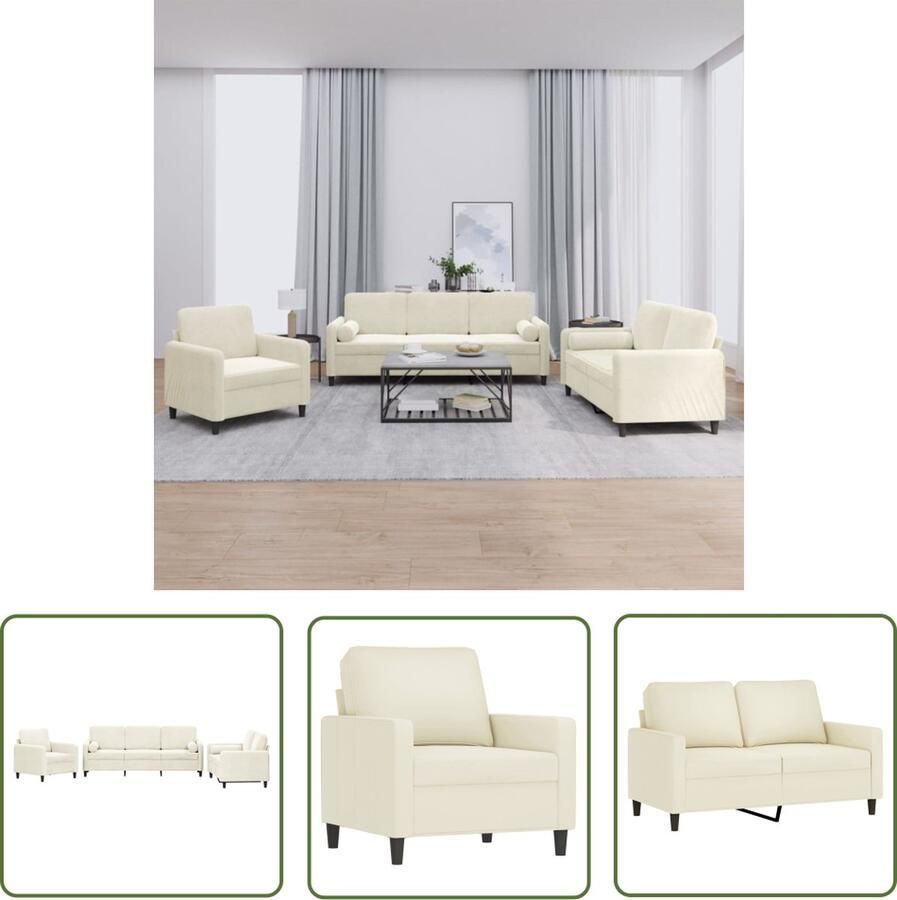 The Living Store 3-delige Loungeset met kussens fluweel crèmekleurig Loungeset Sofa Bankstellen Loungehoek Huiskamer Meubilair
