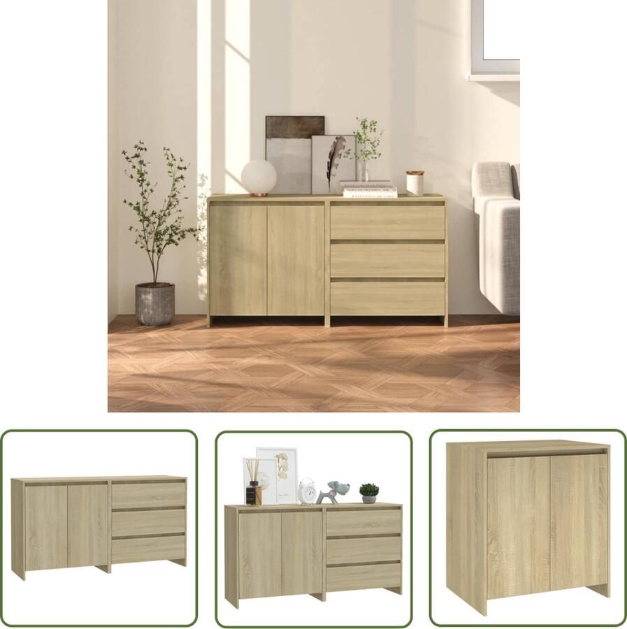 The Living Store 2 st Dressoirs bewerkt hout sonoma eikenkleurig Dressoir Kast Opbergkast Salontafel Houten Meubel