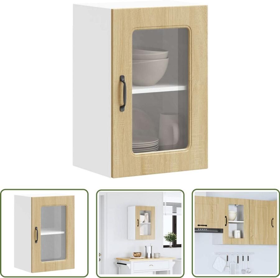 VidaXL Keukenwandkast met glazen deur Kalmar bewerkt hout sonoma eikenkleur Keukenwandkast Sonoma Eiken Houten Kast Opslagoplossing Keukenaccessoires
