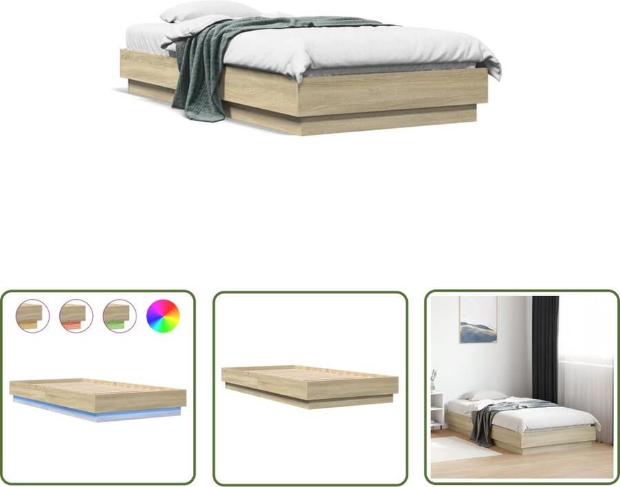 The Living Store LED bed sonoma eiken 90x190 cm RGB LED verlichting USB aansluiting LED Bed Frame Sonoma Eiken Tweepersoons Bed Houten Bed Met Led Verlichting