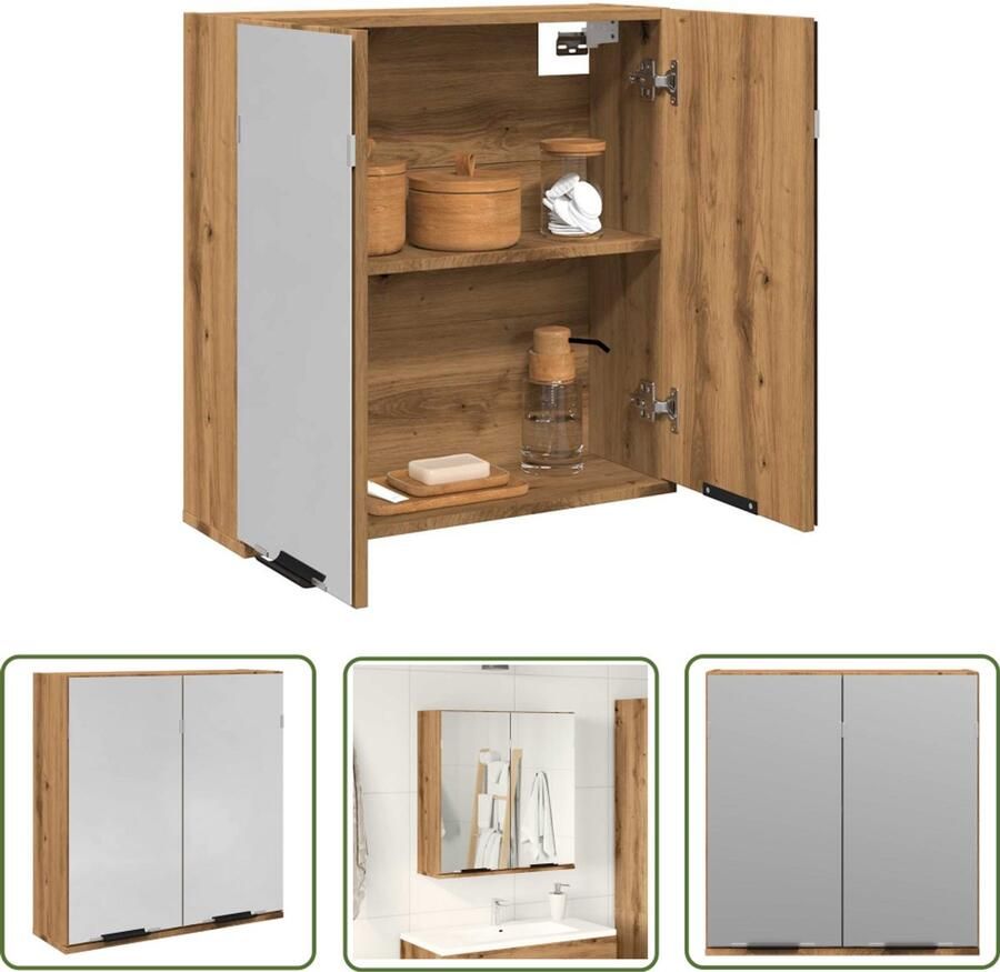 VidaXL Spiegelkast Badkamerkast Badkamerspiegelkast 64x20x66 5 cm bewerkt hout artisanaal eiken Badkamerspiegel Opslagoplossing Houten Kast
