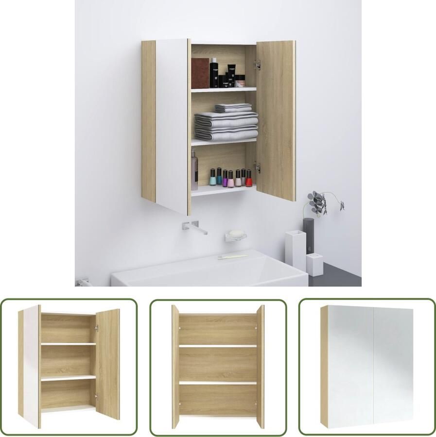 VidaXL Spiegelkast Badkamerkast met spiegel 60x15x75 cm MDF wit en eikenkleurig Badkamerinrichting Opslagoplossing Mdf Kast