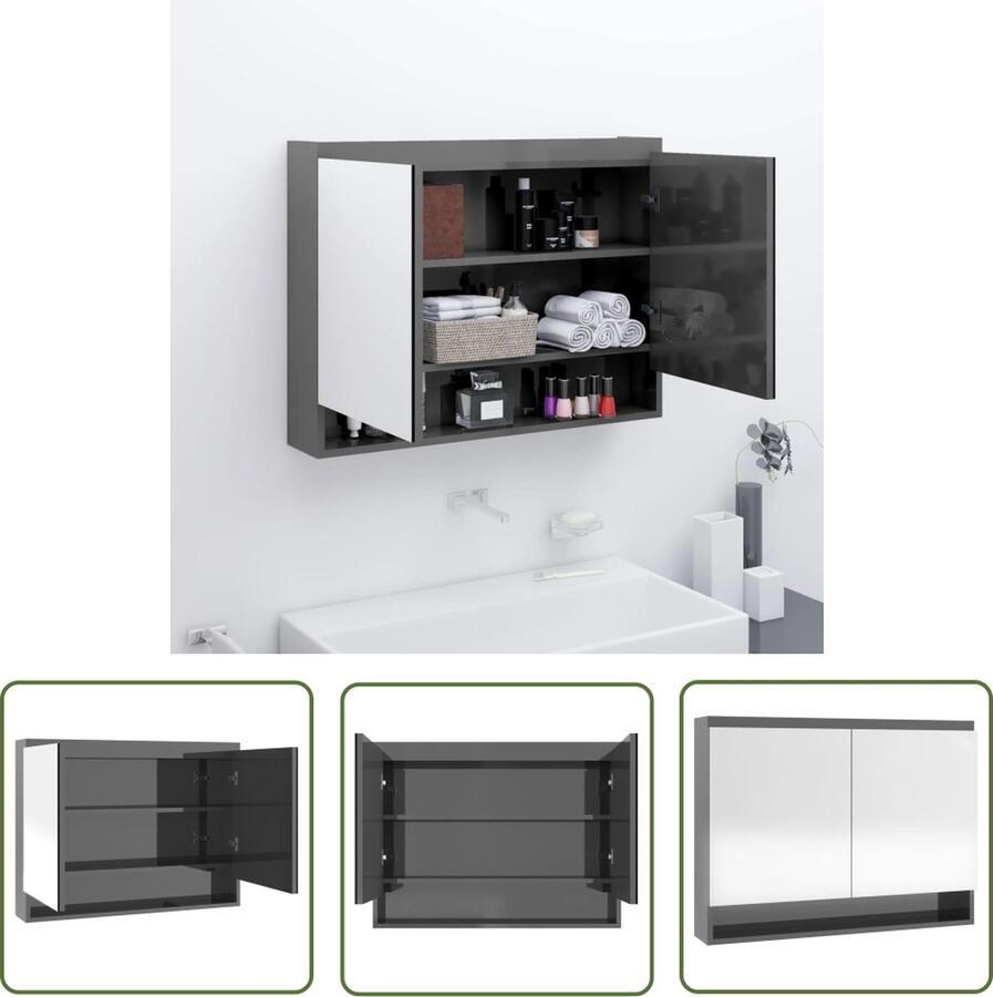VidaXL Spiegelkast Badkamerkast met spiegel 80x15x60 cm MDF glanzend grijs Badkamermeubilair Opslagoplossing Mdf Kast