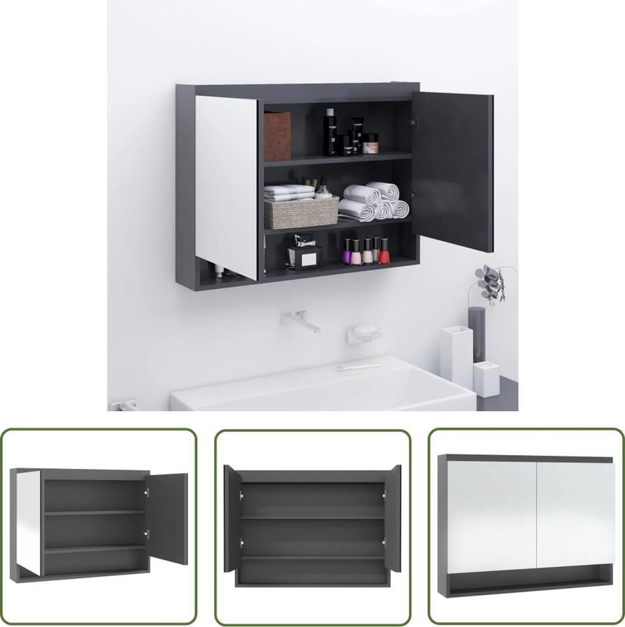VidaXL Spiegelkast Badkamerkast met spiegel 80x15x60 cm MDF grijs Badkamermeubilair Opslagoplossing Mdf Kast