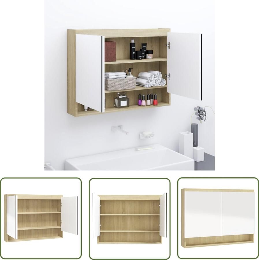 VidaXL Spiegelkast Badkamerkast met spiegel 80x15x60 cm MDF wit en eikenkleurig Badkamermeubilair Opslagoplossing Mdf Kast