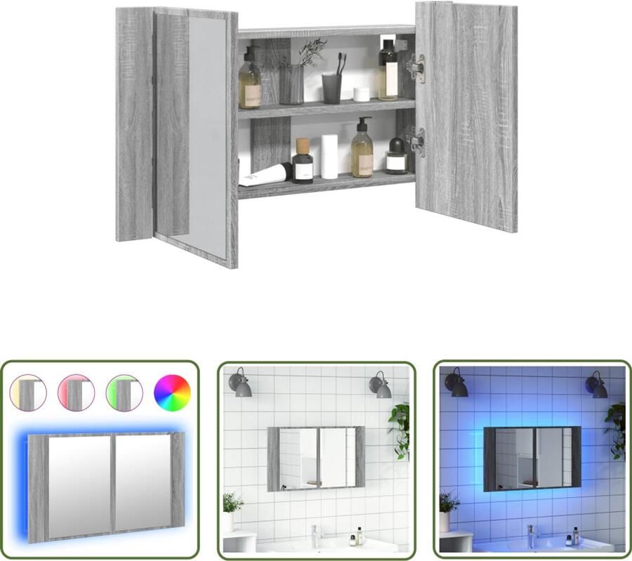VidaXL Spiegelkast Badkamerkast met spiegel en LED 80x12x45 cm acryl grijs sonoma Led Spiegel Grijze Badkamerkast Houten Badkamerkast