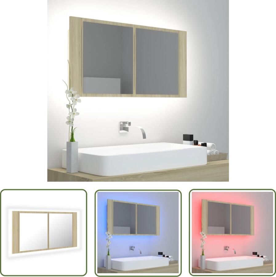 VidaXL Spiegelkast Badkamerkast met spiegel LED 90x12x45 acryl sonoma eikenkleurig Led Spiegel Sonoma Eiken Badkamermeubilair