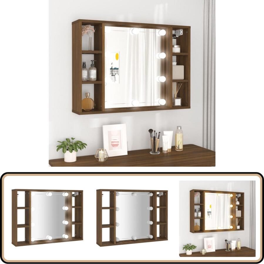 VidaXL Spiegelkast met LED-verlichting 76x15x55 cm bruin eikenkleur - Foto 2
